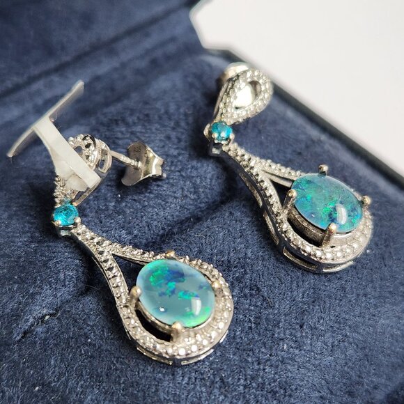 NWT 925 Natural Blue Ridge Opal Triplet & Apatite Art Deco Style Stud Earrings - Picture 1 of 14